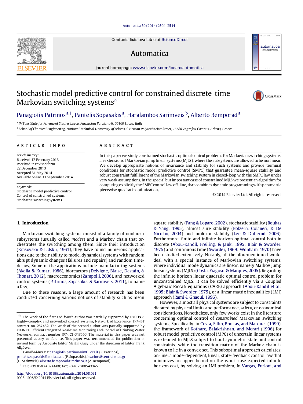 Stochastic model predictive control for constrained discrete-time Markovian switching systems 