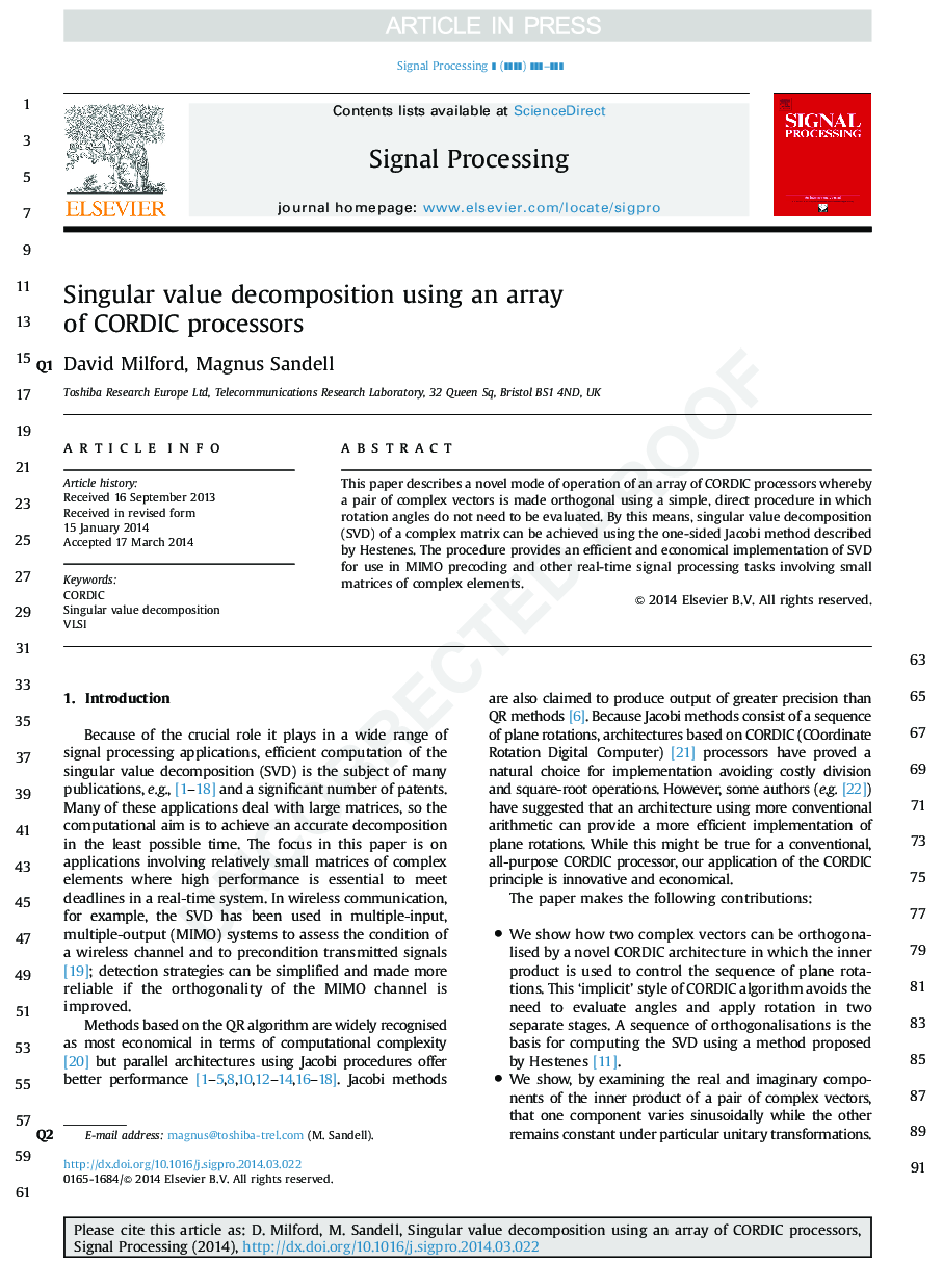 Singular value decomposition using an array of CORDIC processors