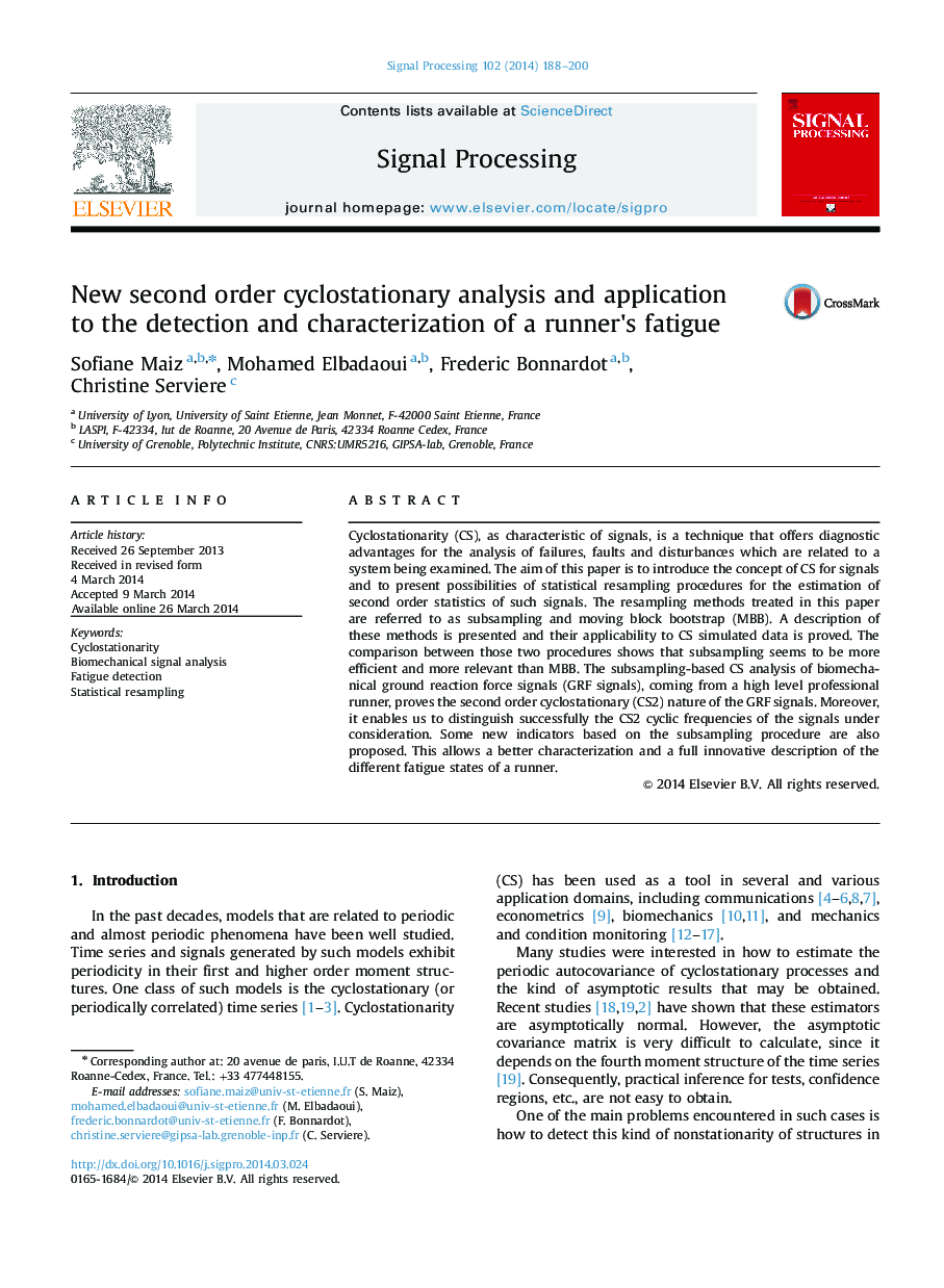 New second order cyclostationary analysis and application to the detection and characterization of a runner×³s fatigue