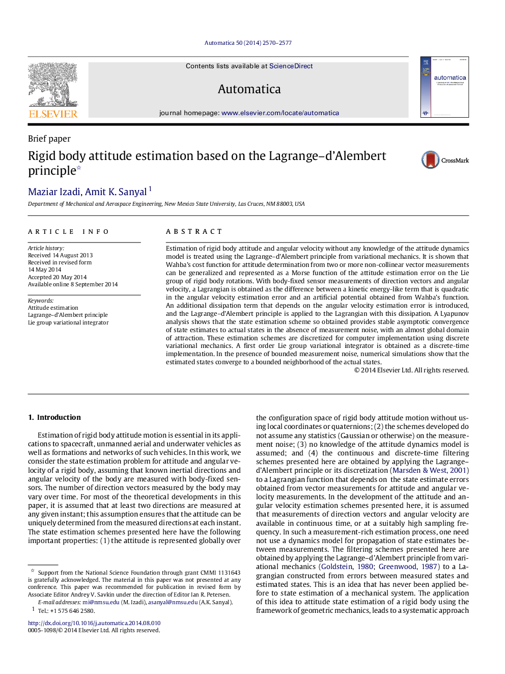 Rigid body attitude estimation based on the Lagrange–d’Alembert principle 