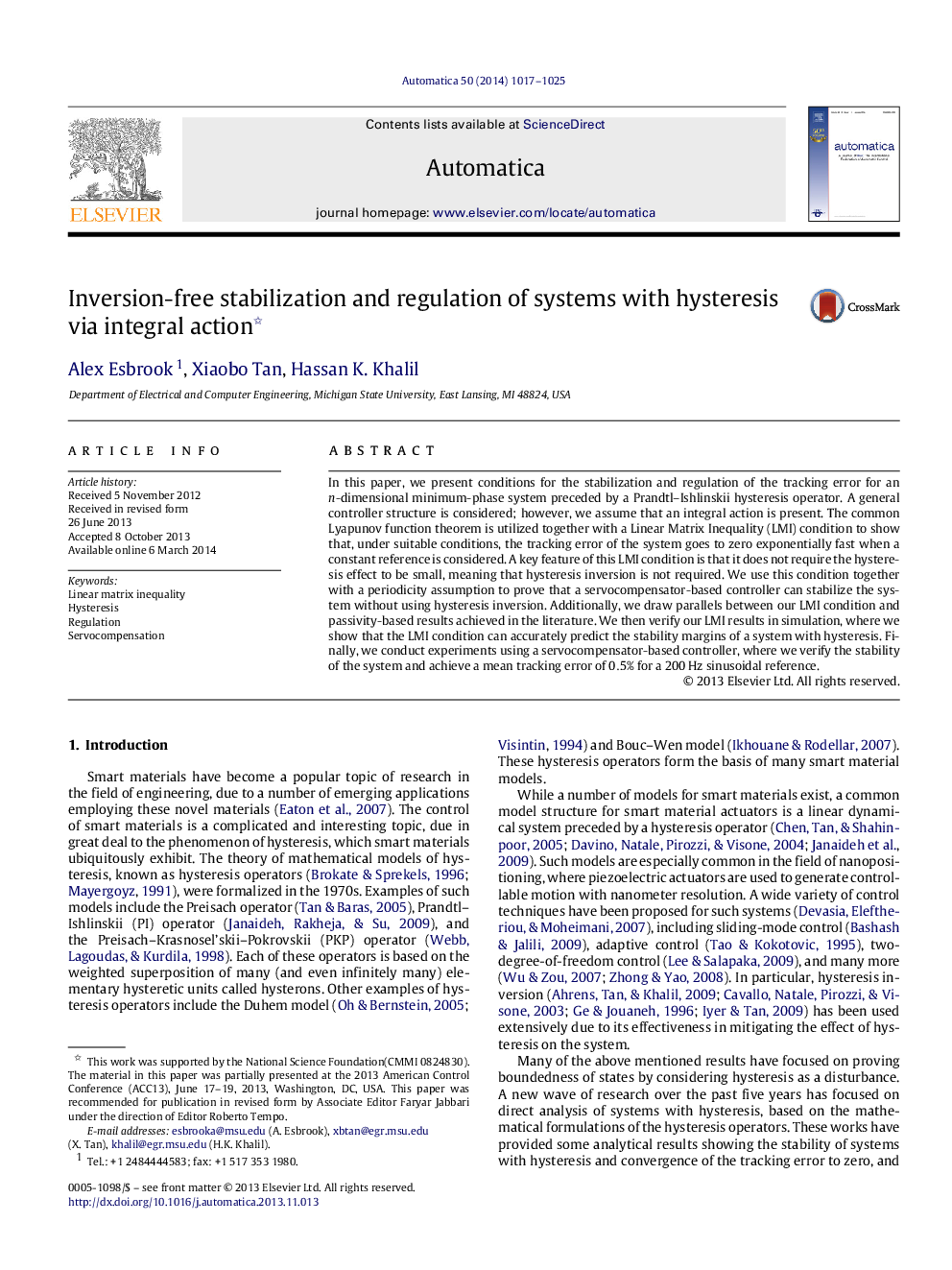 Inversion-free stabilization and regulation of systems with hysteresis via integral action 