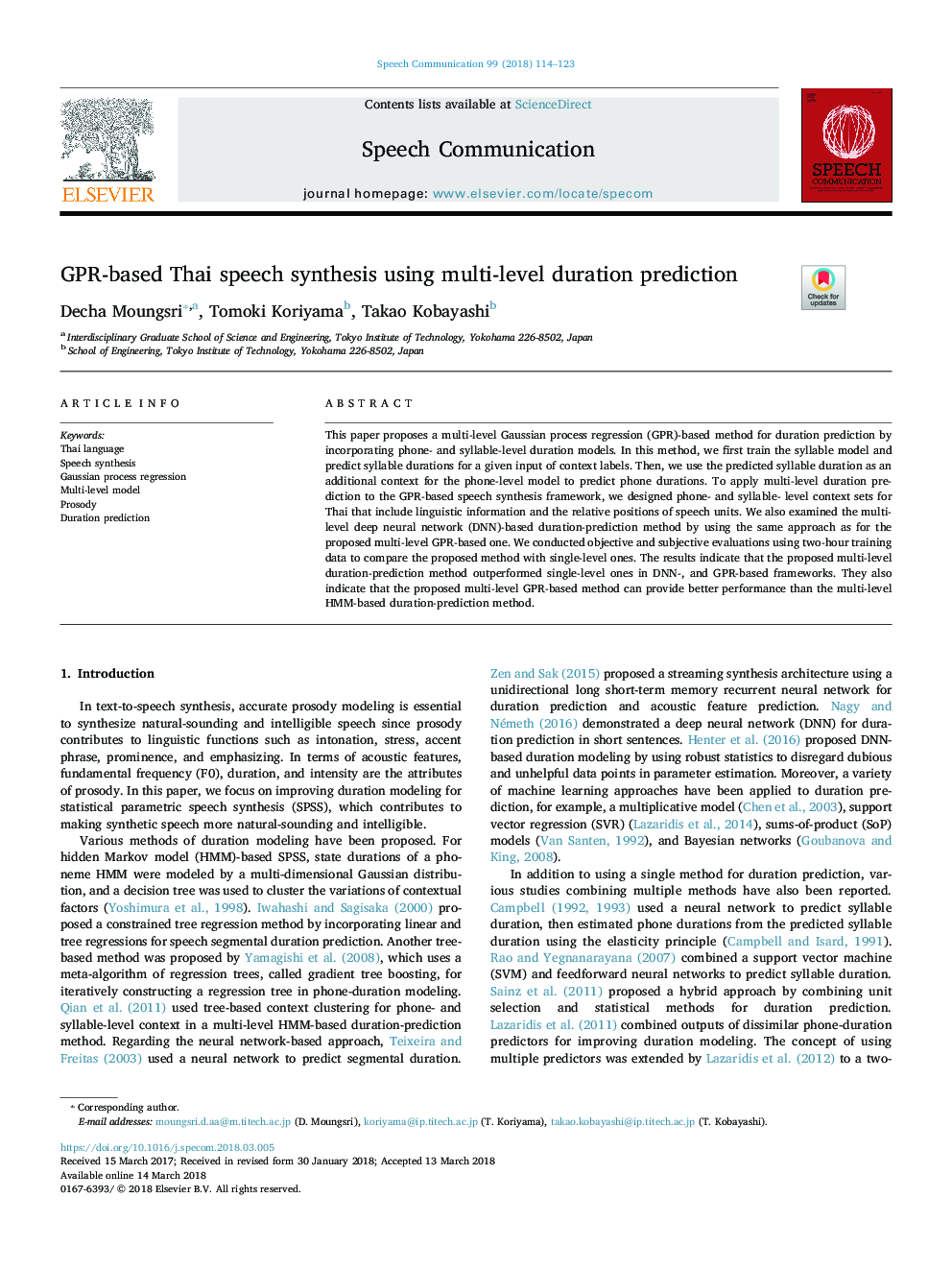 GPR-based Thai speech synthesis using multi-level duration prediction