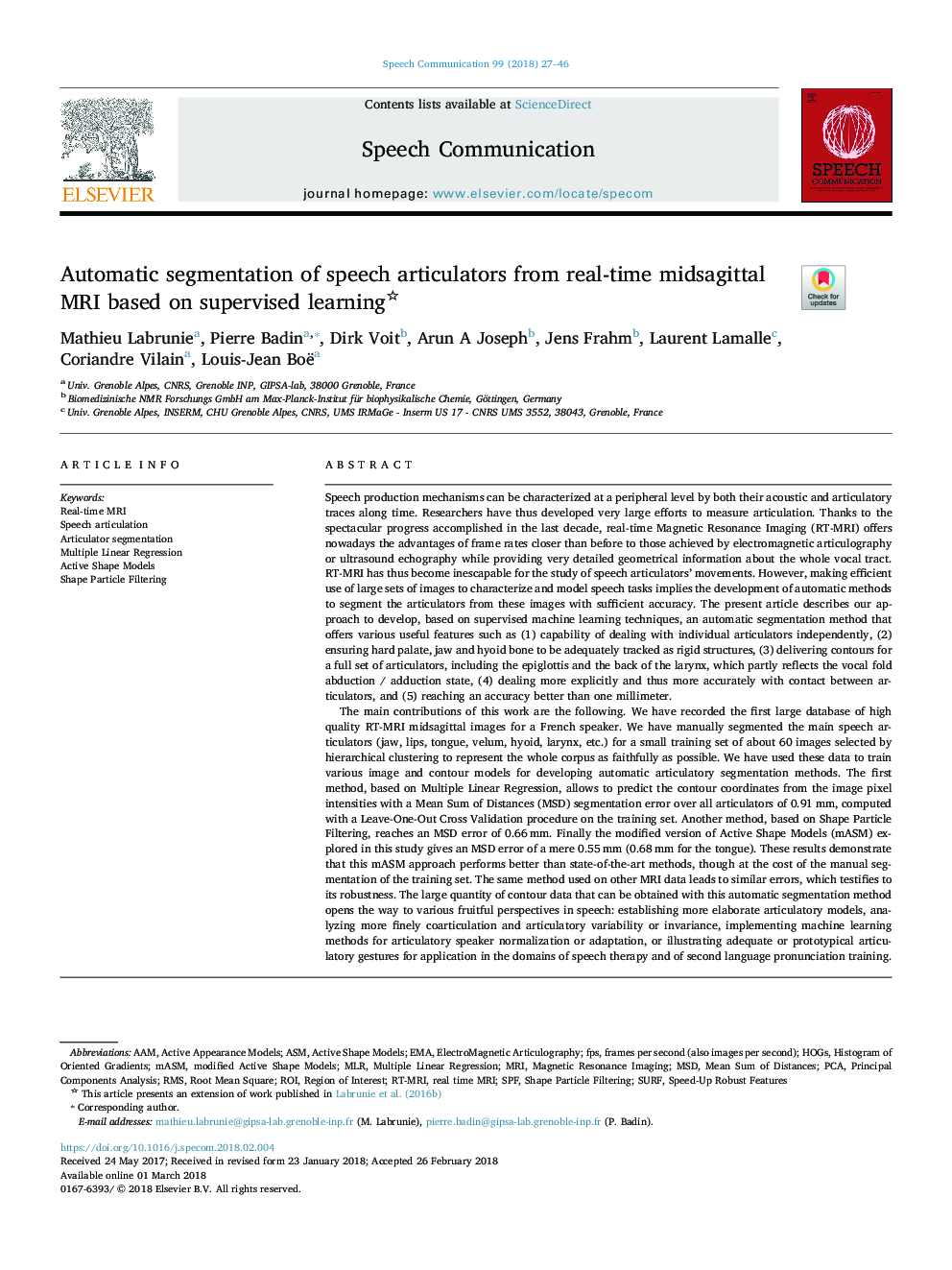 Automatic segmentation of speech articulators from real-time midsagittal MRI based on supervised learning