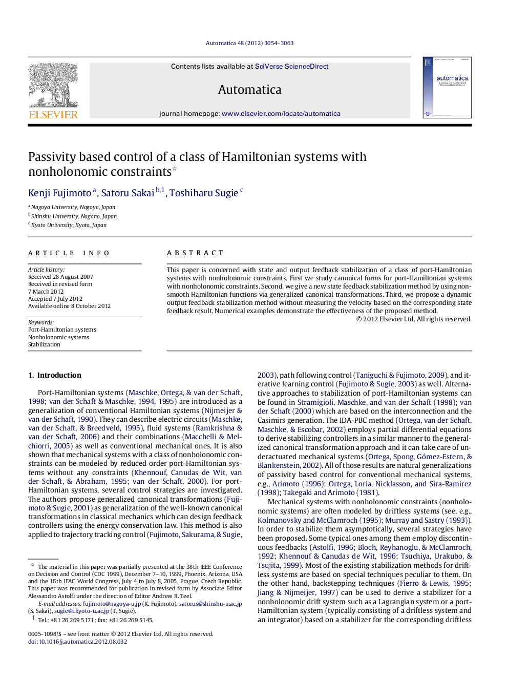 Passivity based control of a class of Hamiltonian systems with nonholonomic constraints 