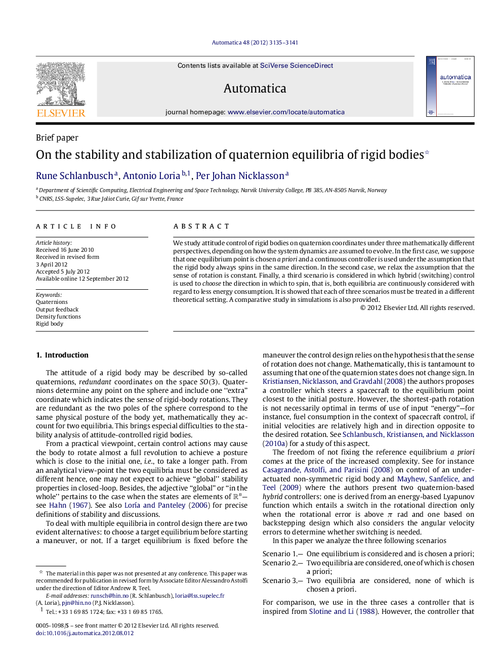 On the stability and stabilization of quaternion equilibria of rigid bodies 