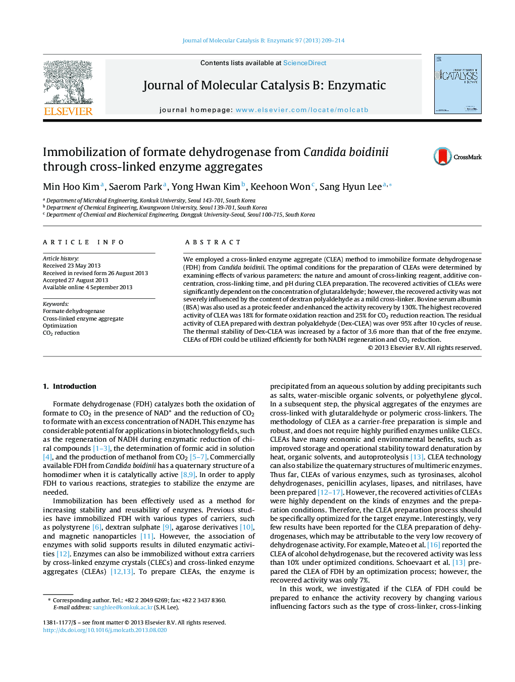 Immobilization of formate dehydrogenase from Candida boidinii through cross-linked enzyme aggregates