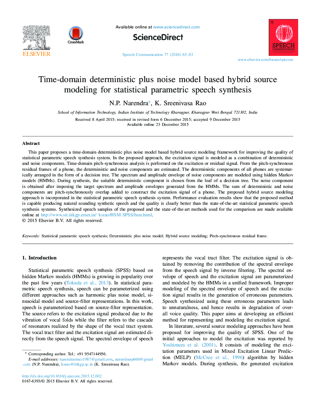 Time-domain deterministic plus noise model based hybrid source modeling for statistical parametric speech synthesis