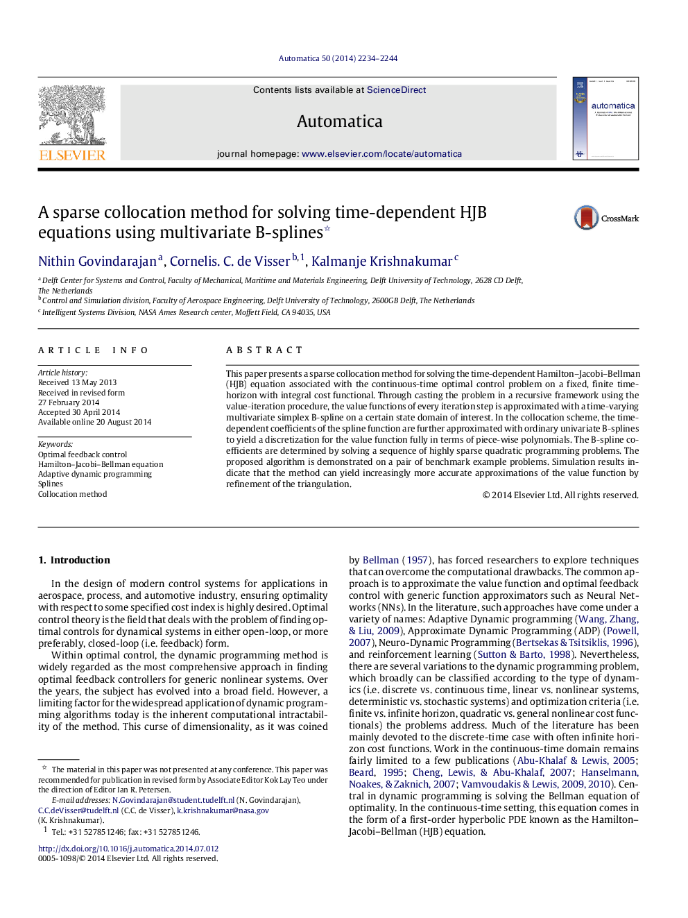 A sparse collocation method for solving time-dependent HJB equations using multivariate B-splines 