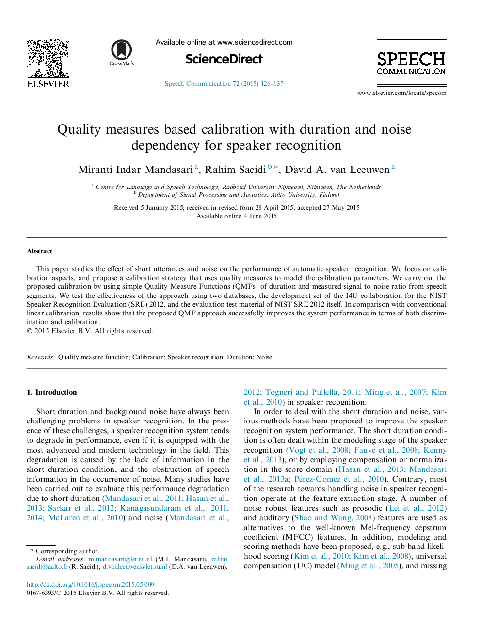 کالیبراسیون بر اساس اندازه گیری کیفیت با مدت زمان و وابستگی سر و صدا برای تشخیص بلندگو 