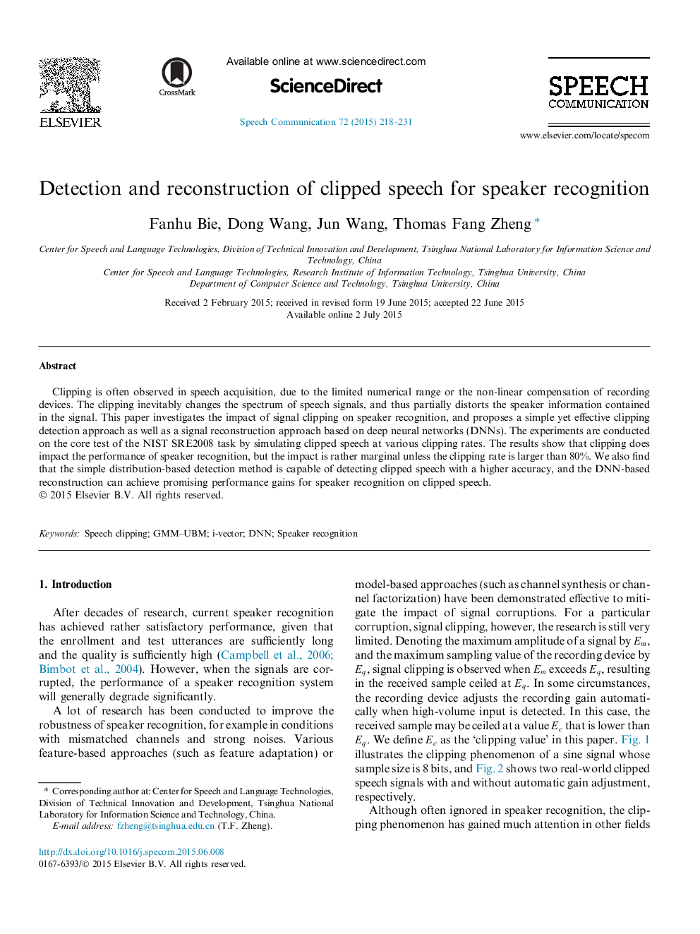 Detection and reconstruction of clipped speech for speaker recognition