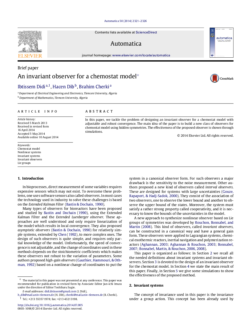 An invariant observer for a chemostat model 