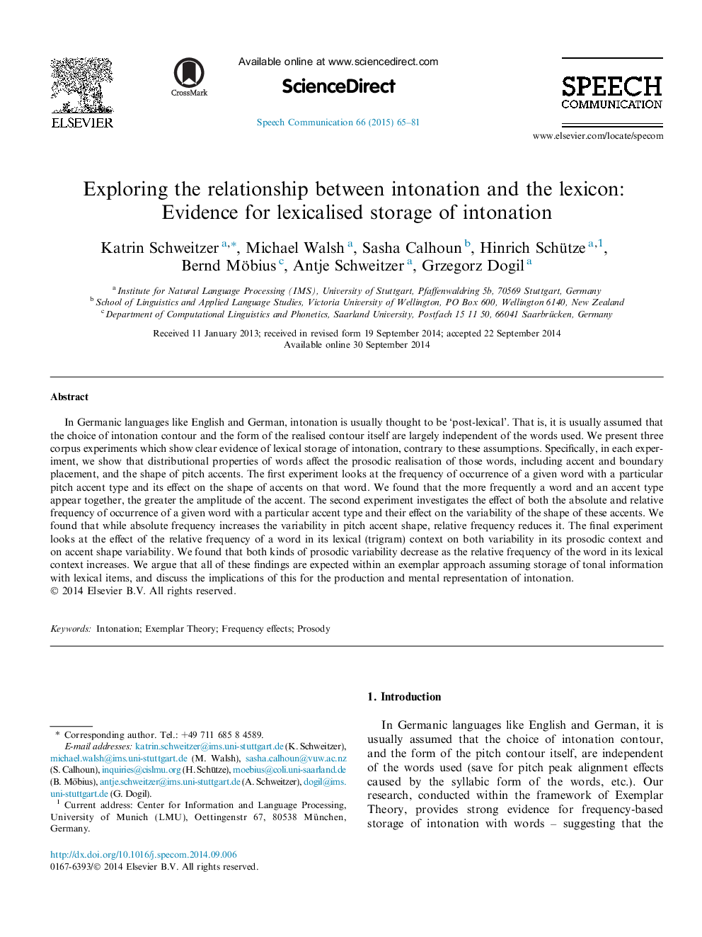 Exploring the relationship between intonation and the lexicon: Evidence for lexicalised storage of intonation