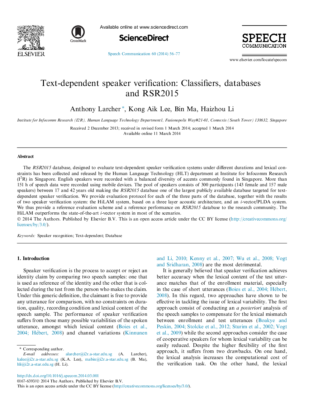 Text-dependent speaker verification: Classifiers, databases and RSR2015