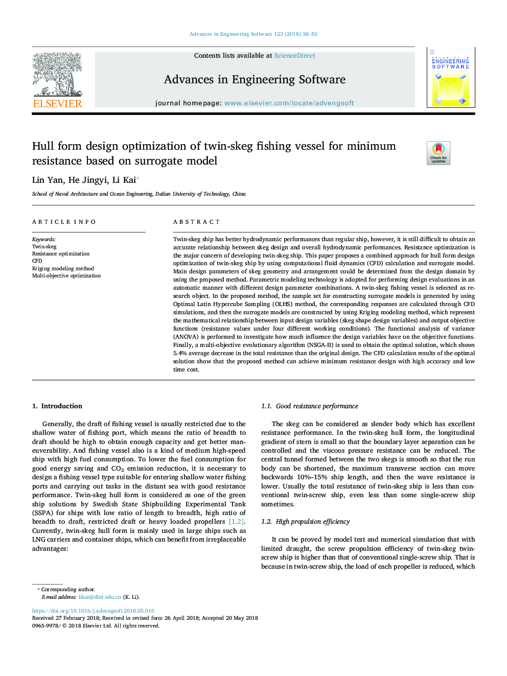 Hull form design optimization of twin-skeg fishing vessel for minimum resistance based on surrogate model