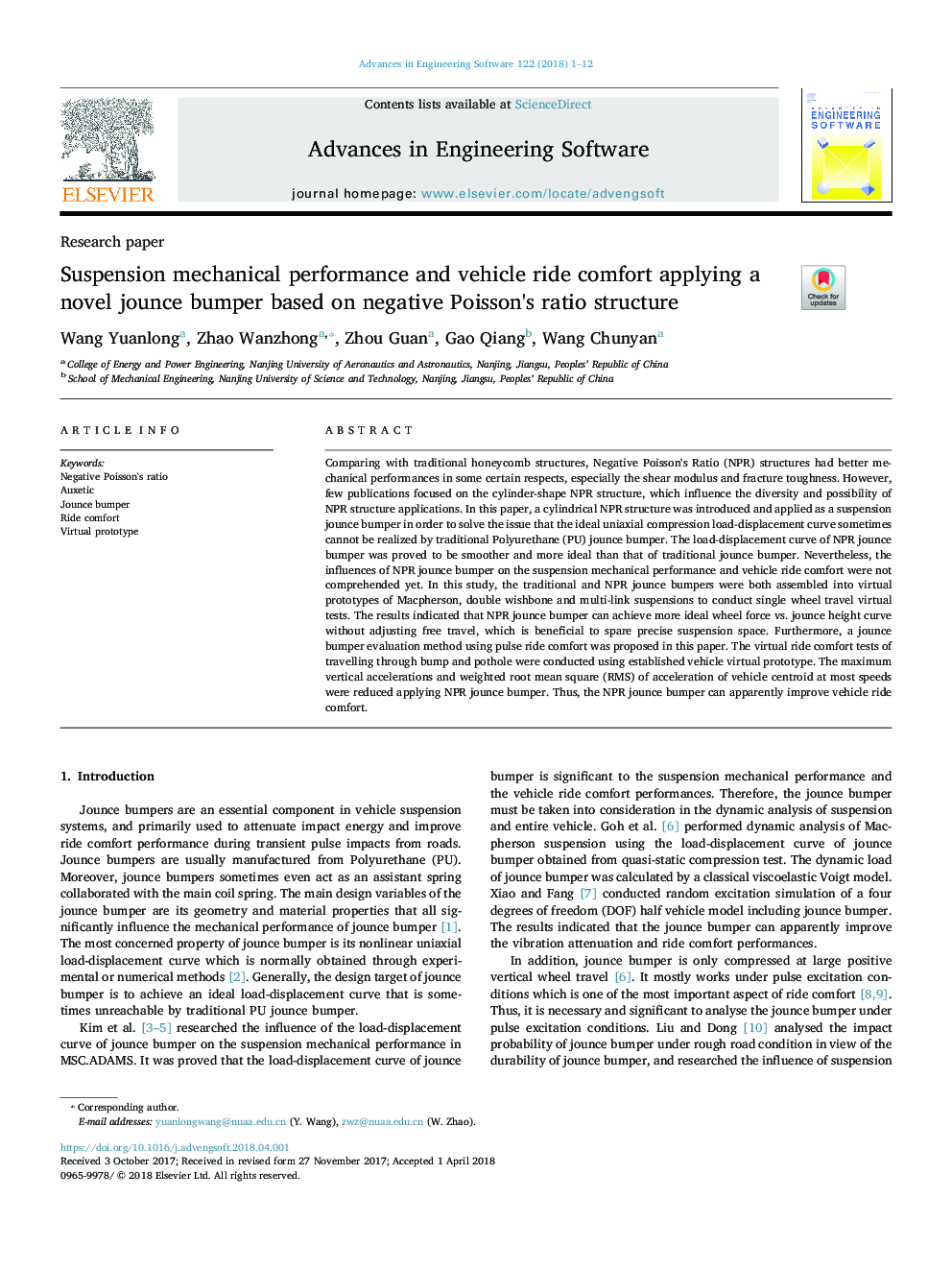 Suspension mechanical performance and vehicle ride comfort applying a novel jounce bumper based on negative Poisson's ratio structure