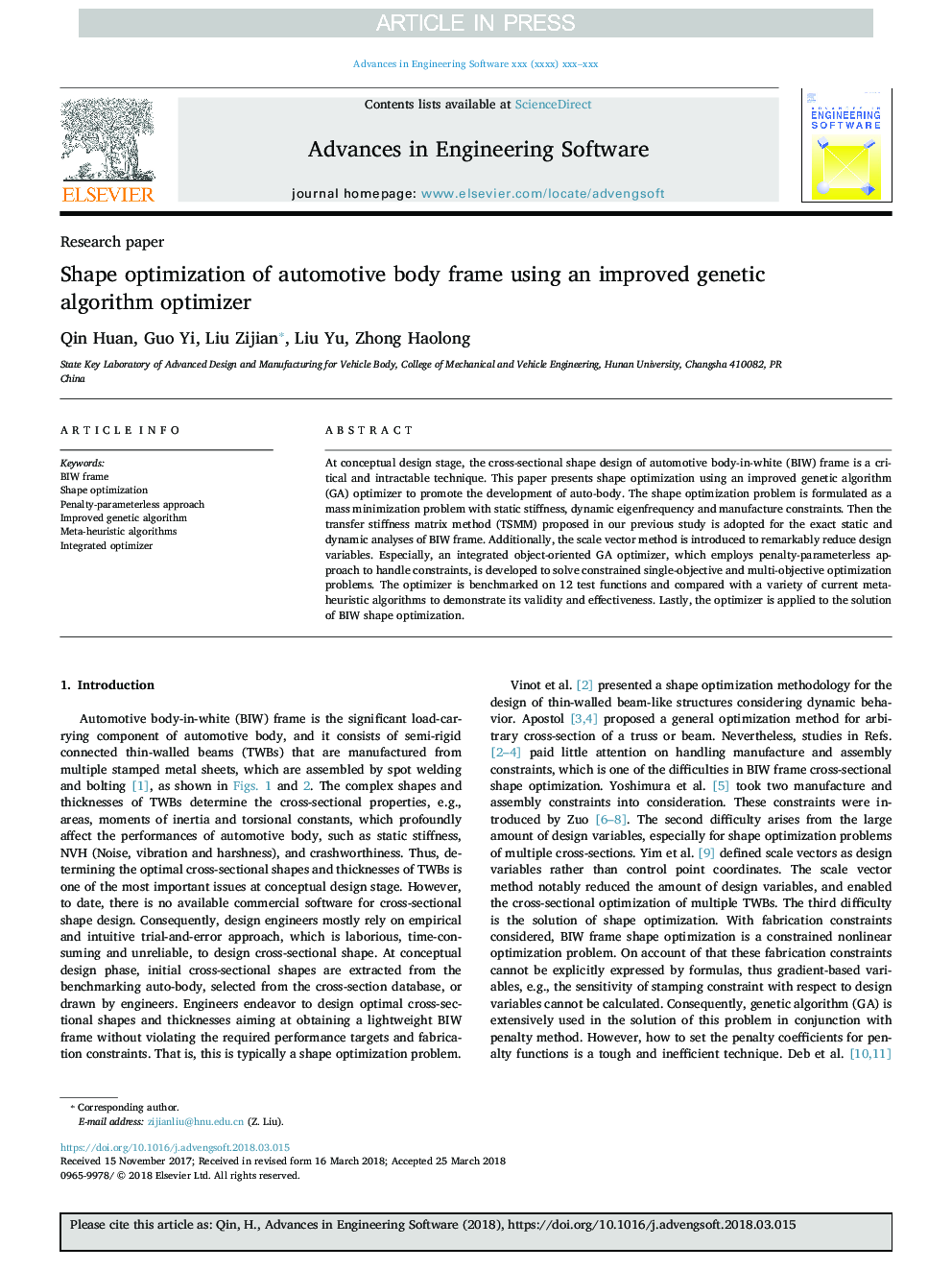 Shape optimization of automotive body frame using an improved genetic algorithm optimizer