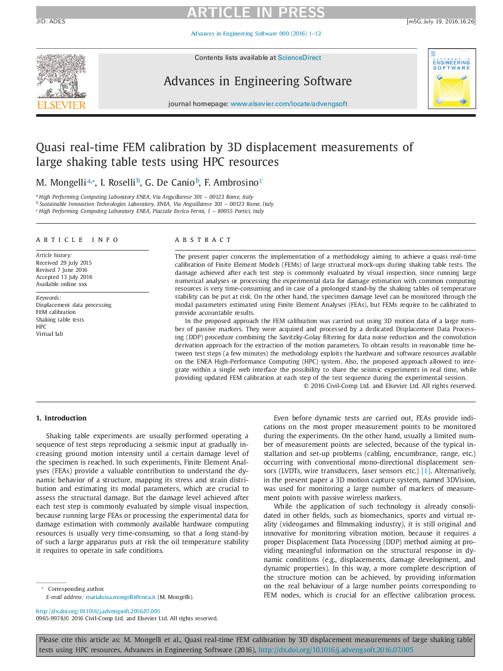 Quasi real-time FEM calibration by 3D displacement measurements of large shaking table tests using HPC resources