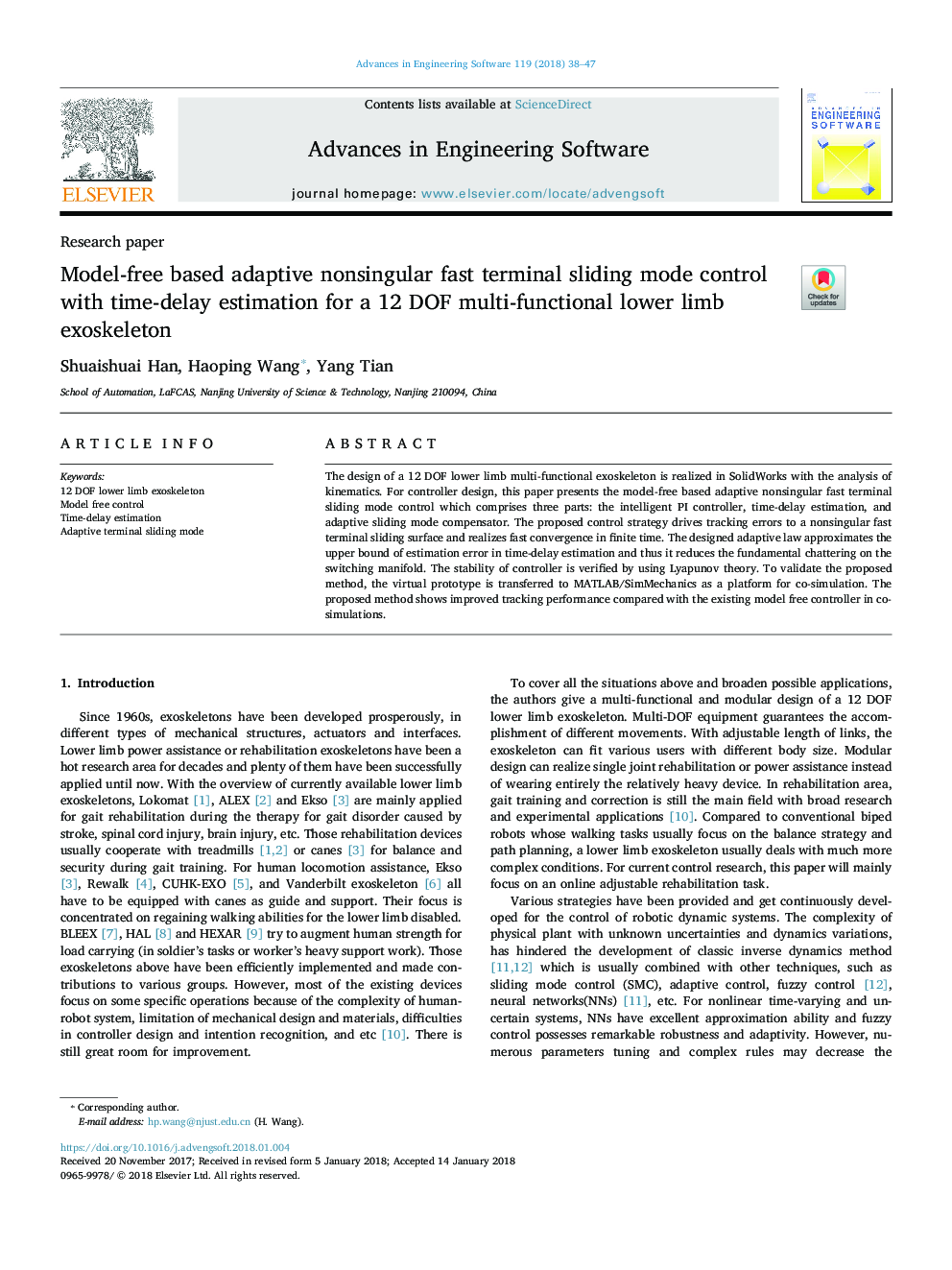 Model-free based adaptive nonsingular fast terminal sliding mode control with time-delay estimation for a 12 DOF multi-functional lower limb exoskeleton