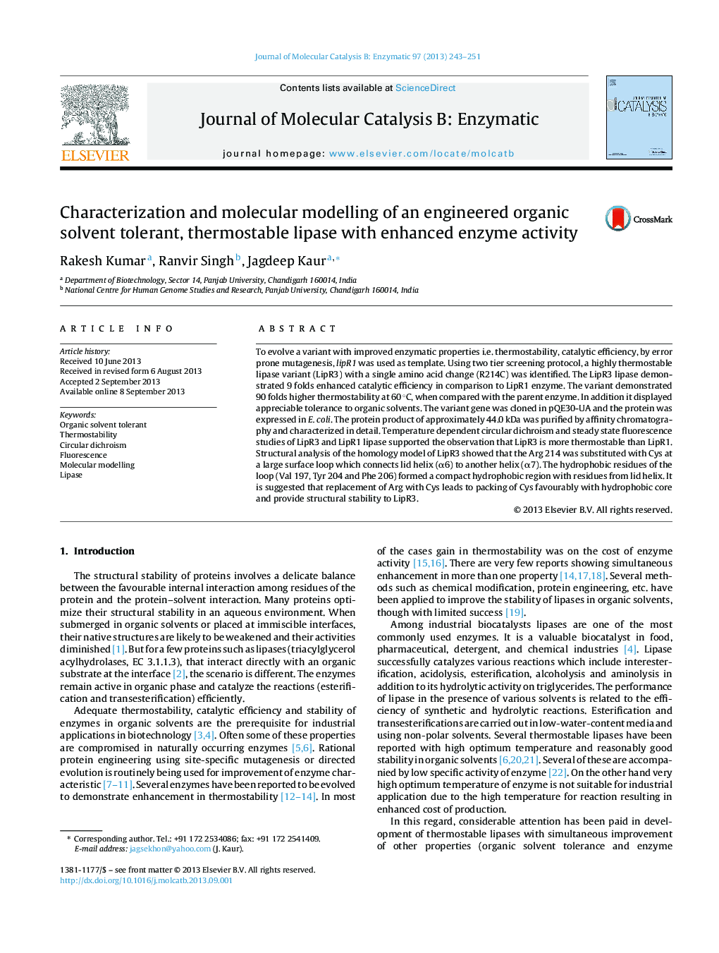 Characterization and molecular modelling of an engineered organic solvent tolerant, thermostable lipase with enhanced enzyme activity