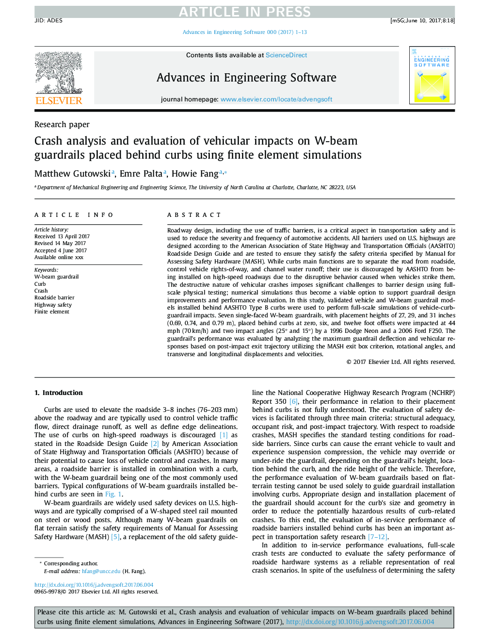 Crash analysis and evaluation of vehicular impacts on W-beam guardrails placed behind curbs using finite element simulations