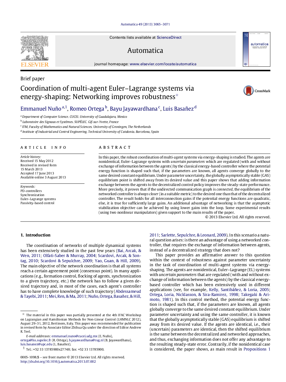 Coordination of multi-agent Euler–Lagrange systems via energy-shaping: Networking improves robustness 