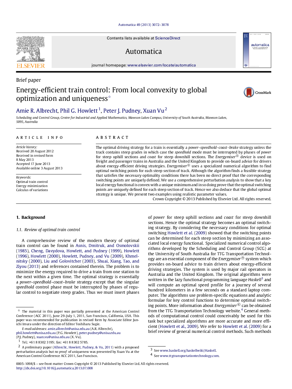 Energy-efficient train control: From local convexity to global optimization and uniqueness 