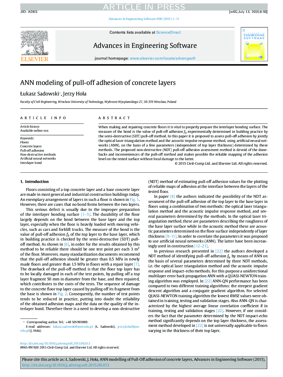 ANN modeling of pull-off adhesion of concrete layers
