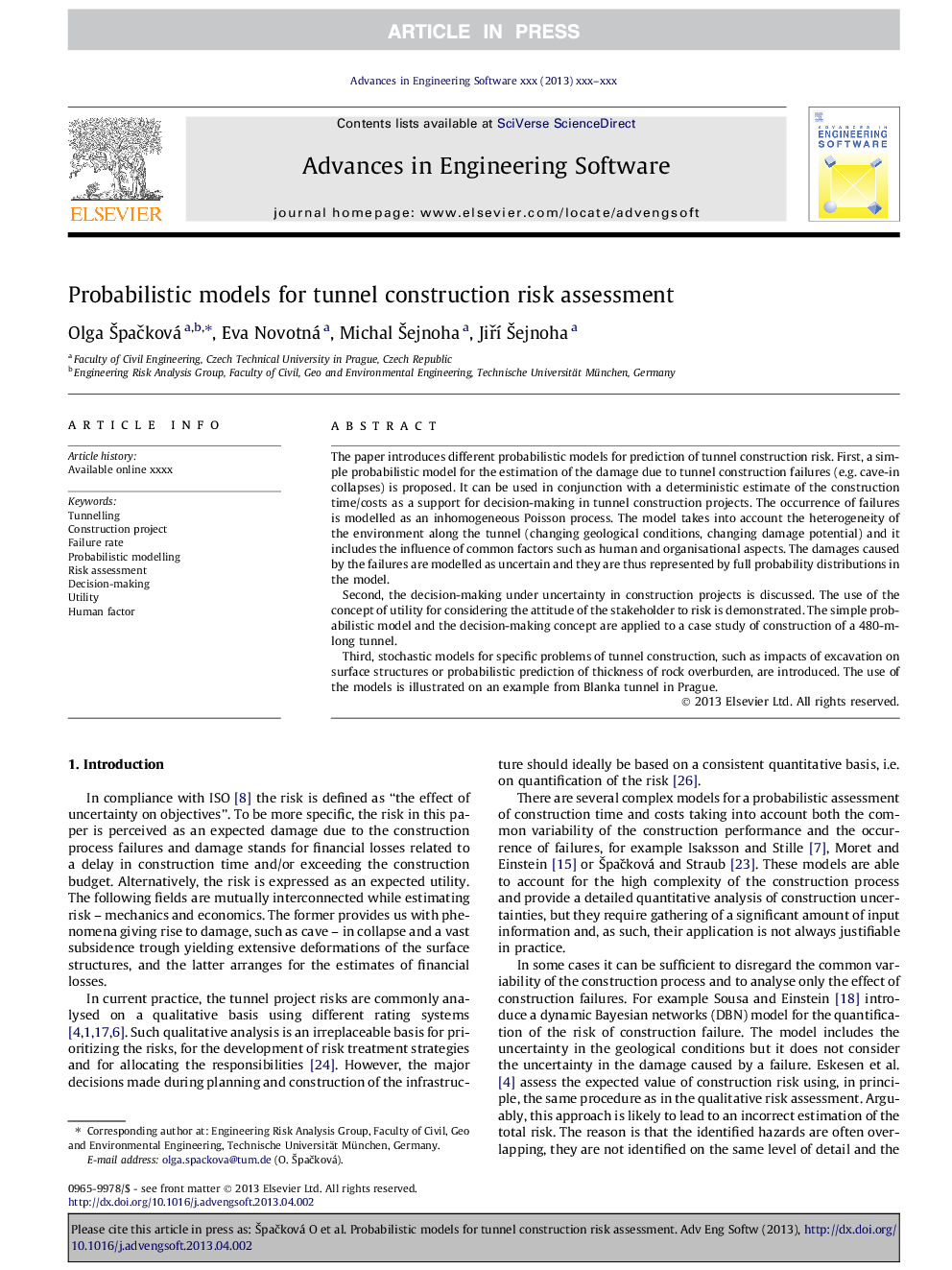 Probabilistic models for tunnel construction risk assessment