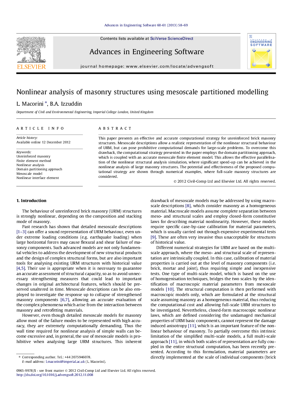 Nonlinear analysis of masonry structures using mesoscale partitioned modelling