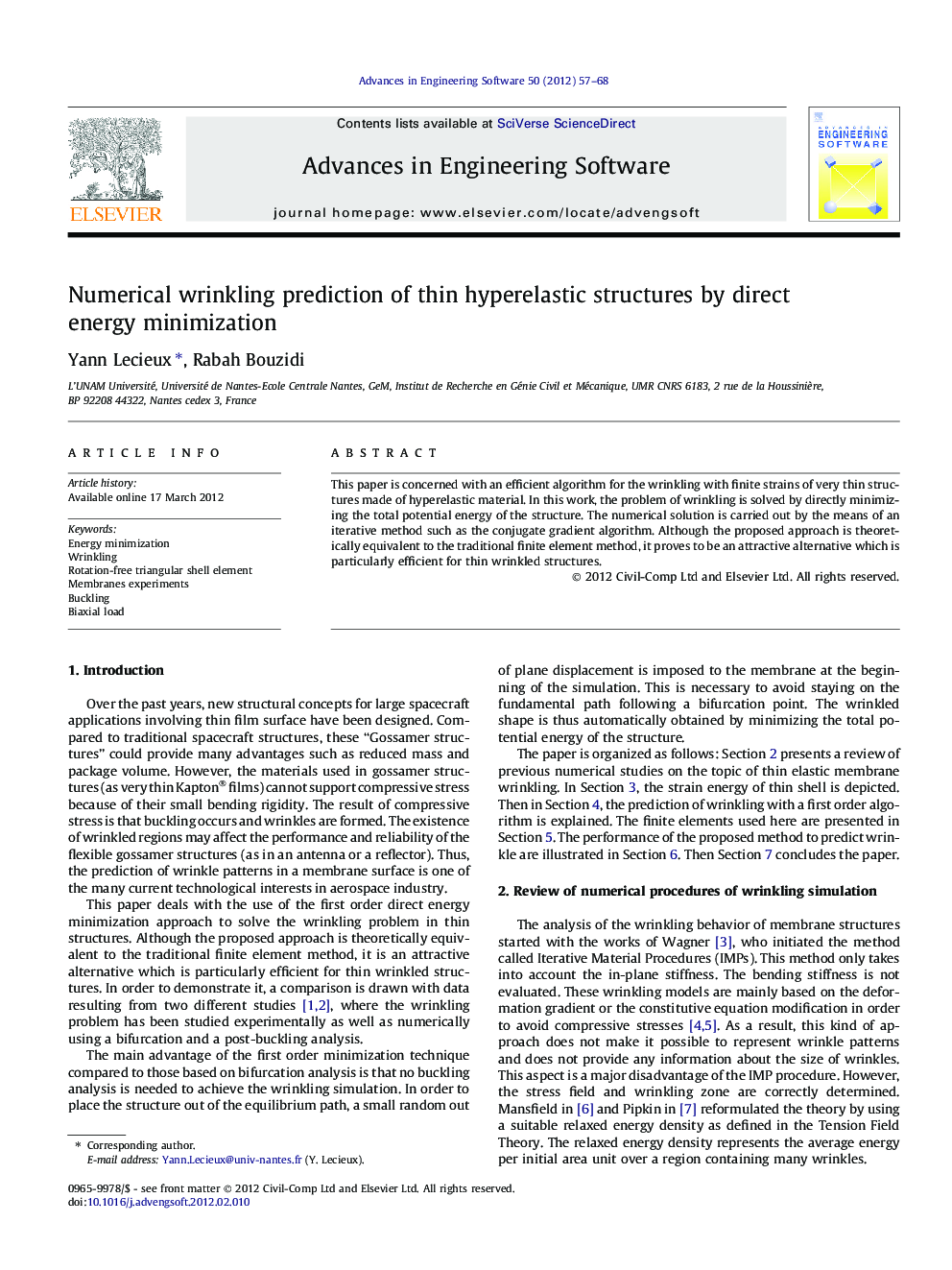 Numerical wrinkling prediction of thin hyperelastic structures by direct energy minimization