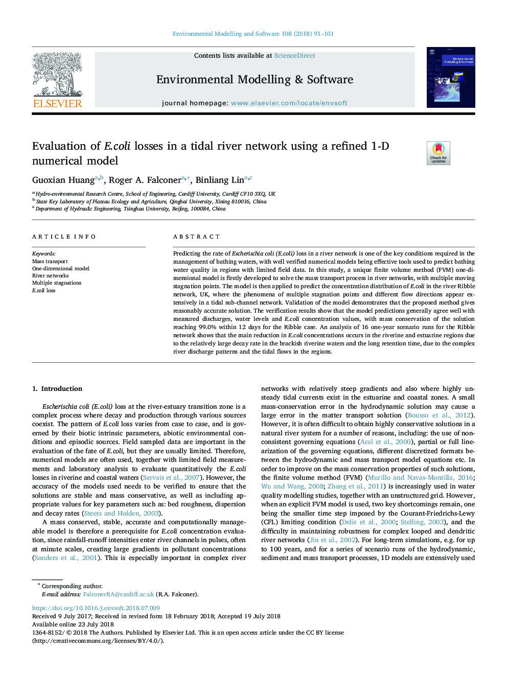 Evaluation of E.coli losses in a tidal river network using a refined 1-D numerical model