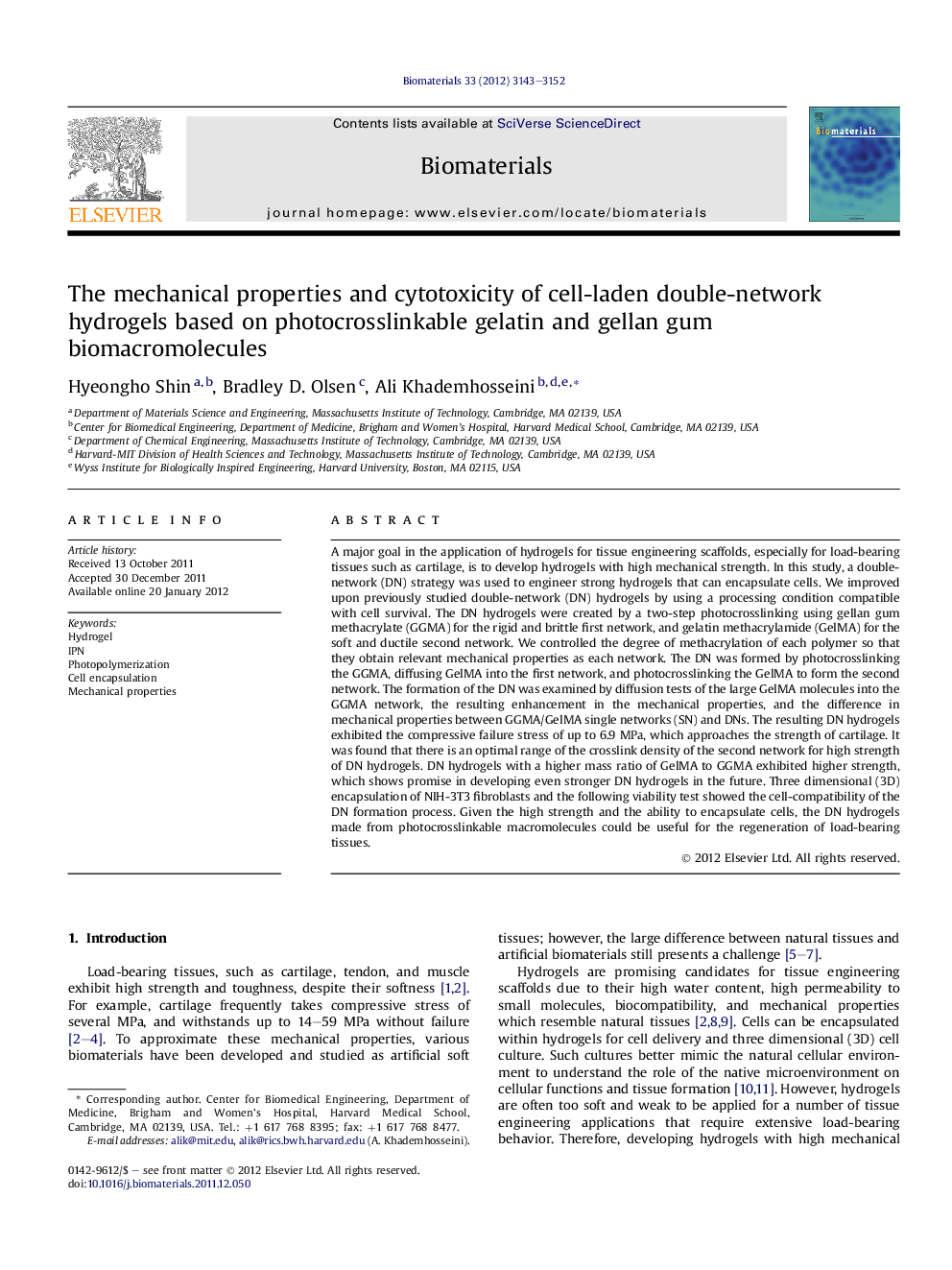 The mechanical properties and cytotoxicity of cell-laden double-network hydrogels based on photocrosslinkable gelatin and gellan gum biomacromolecules