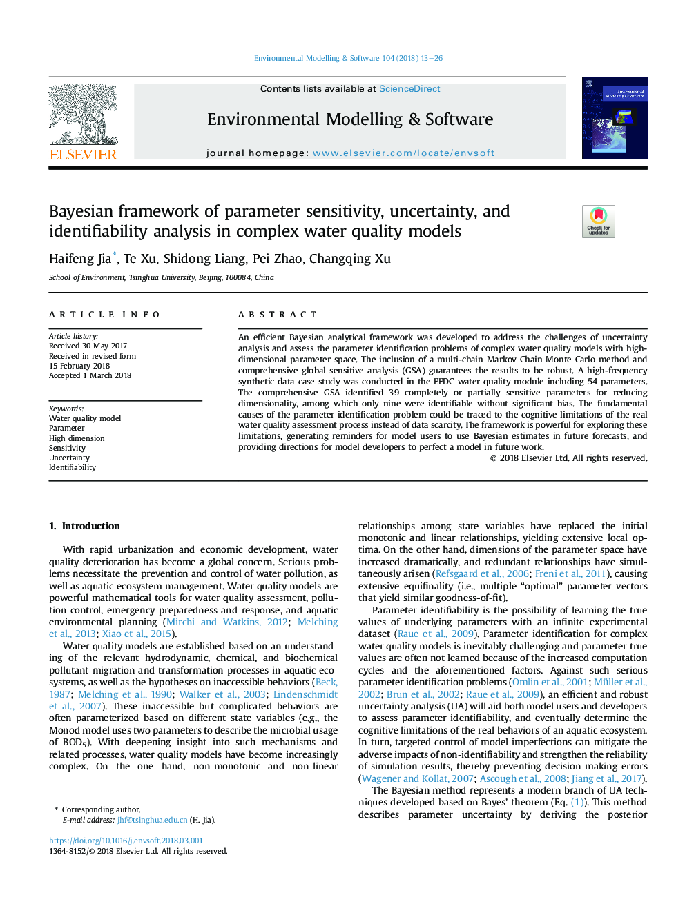 Bayesian framework of parameter sensitivity, uncertainty, and identifiability analysis in complex water quality models