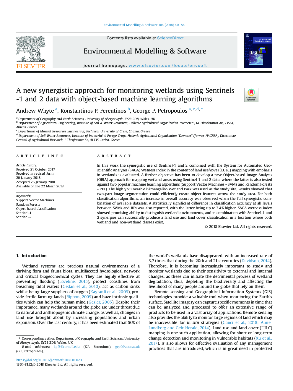 A new synergistic approach for monitoring wetlands using Sentinels -1 and 2 data with object-based machine learning algorithms