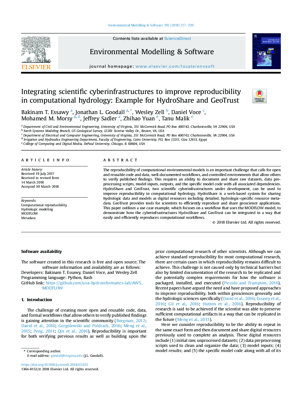 Integrating scientific cyberinfrastructures to improve reproducibility in computational hydrology: Example for HydroShare and GeoTrust