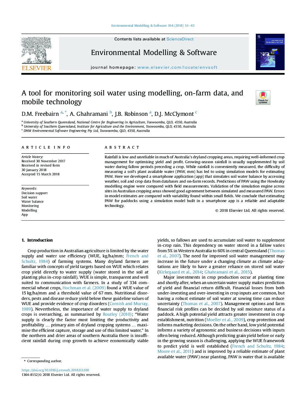 A tool for monitoring soil water using modelling, on-farm data, and mobile technology