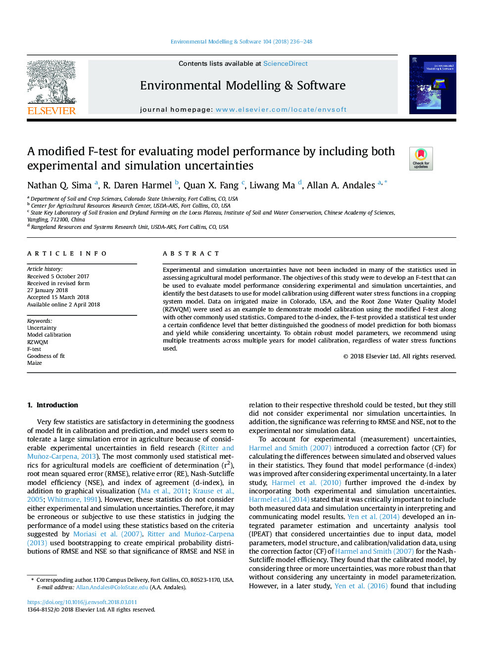 A modified F-test for evaluating model performance by including both experimental and simulation uncertainties