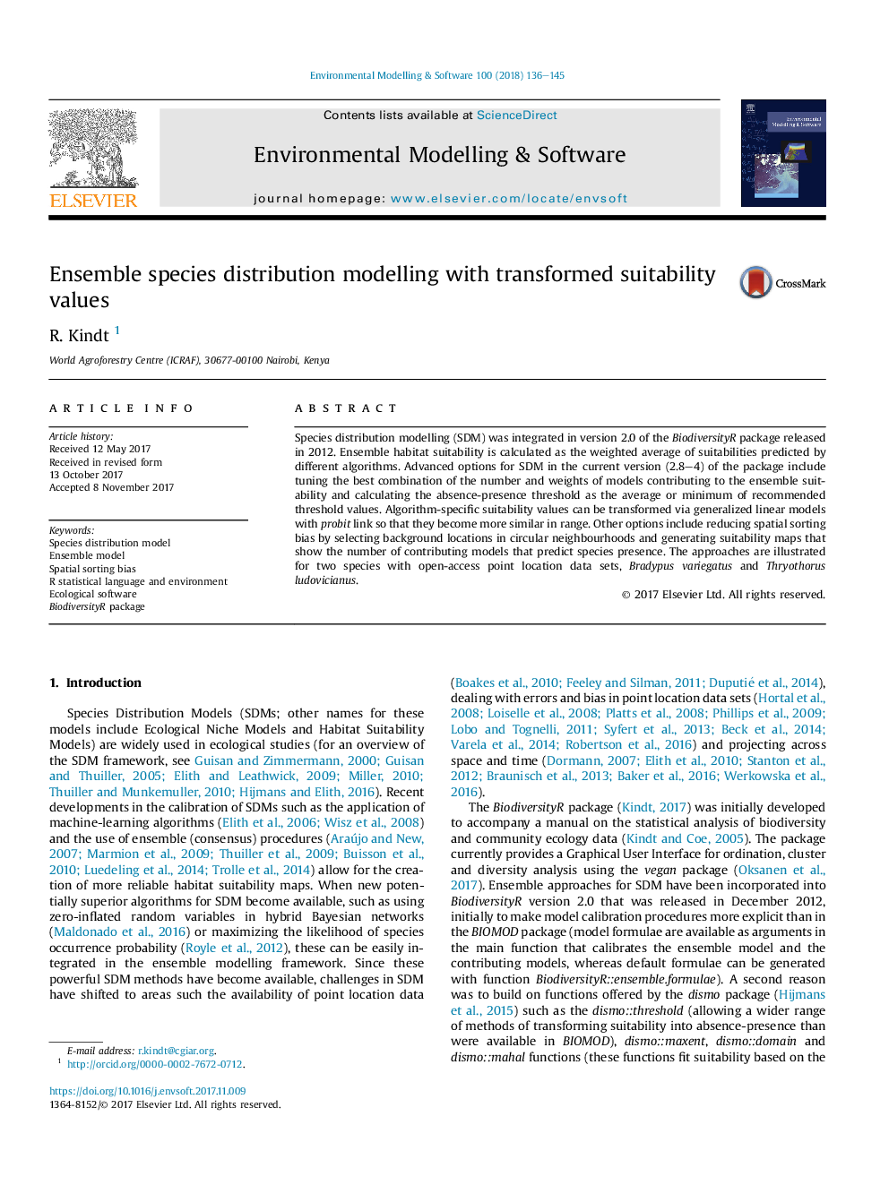 Ensemble species distribution modelling with transformed suitability values