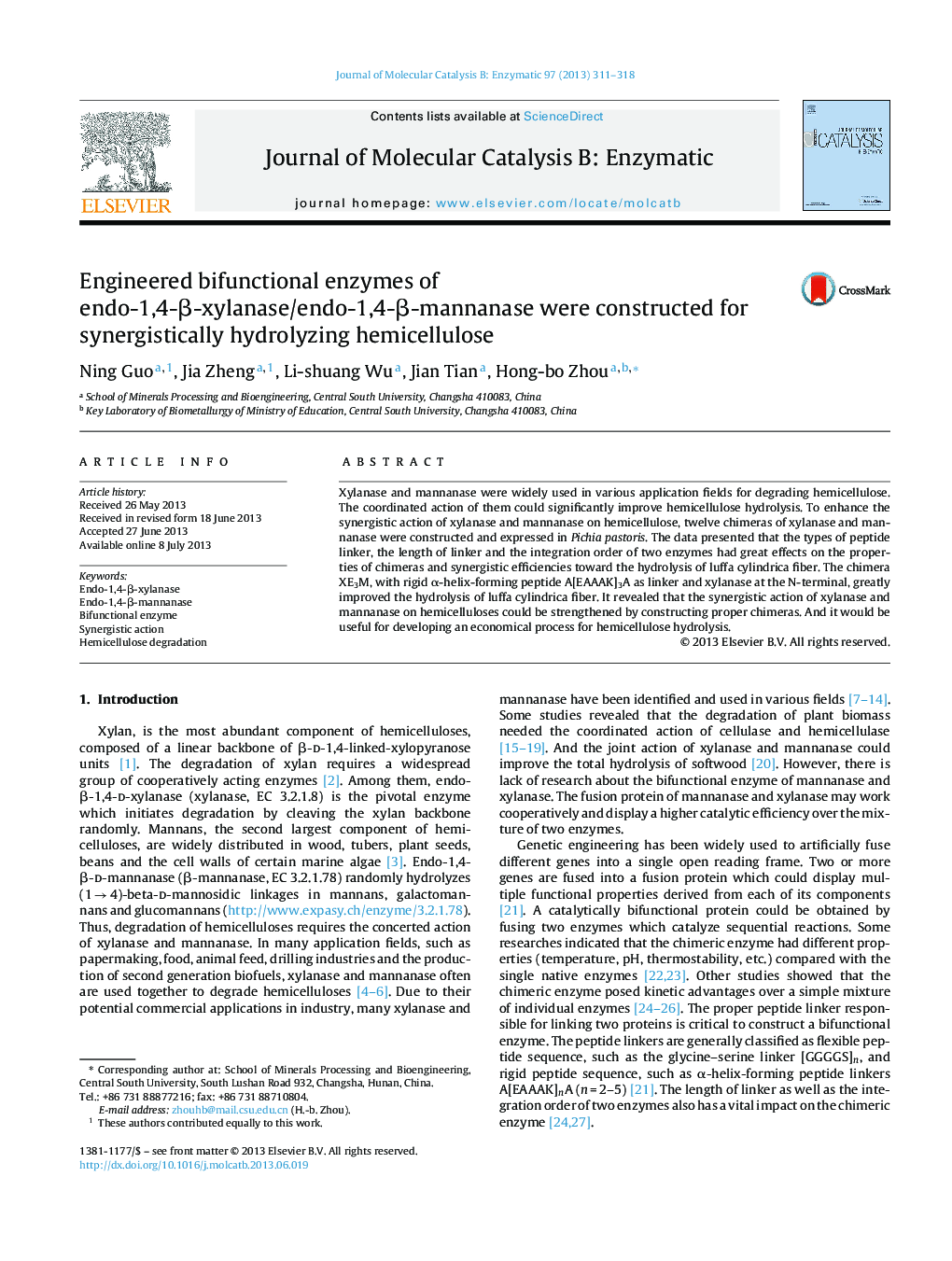 Engineered bifunctional enzymes of endo-1,4-β-xylanase/endo-1,4-β-mannanase were constructed for synergistically hydrolyzing hemicellulose