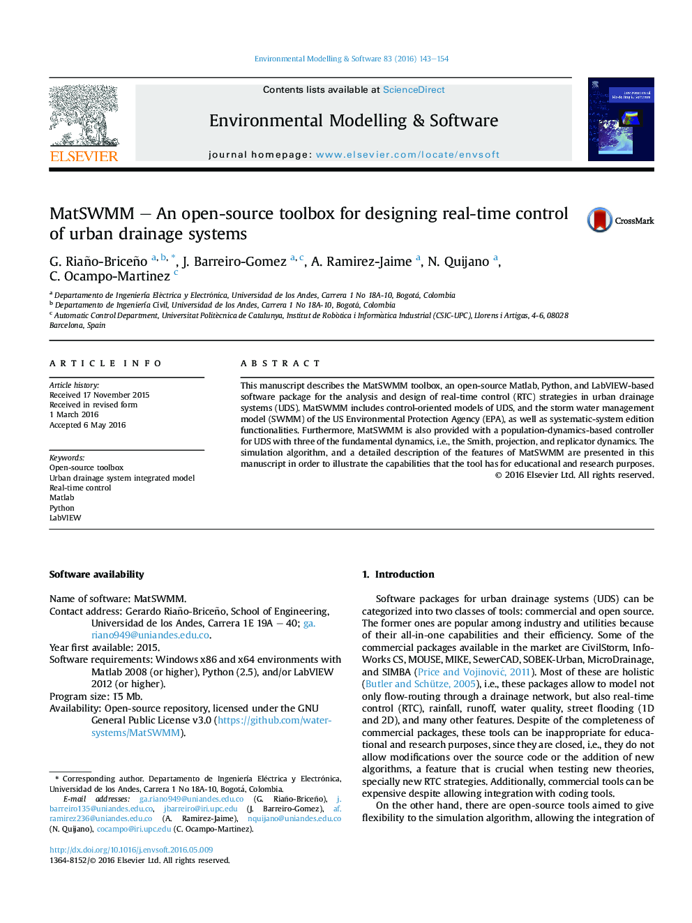 MatSWMM - An open-source toolbox for designing real-time control of urban drainage systems