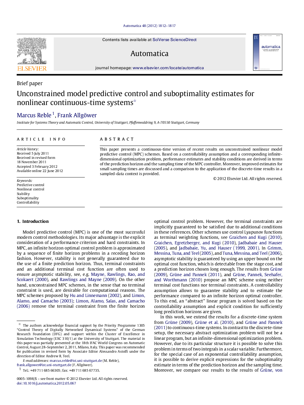 Unconstrained model predictive control and suboptimality estimates for nonlinear continuous-time systems 