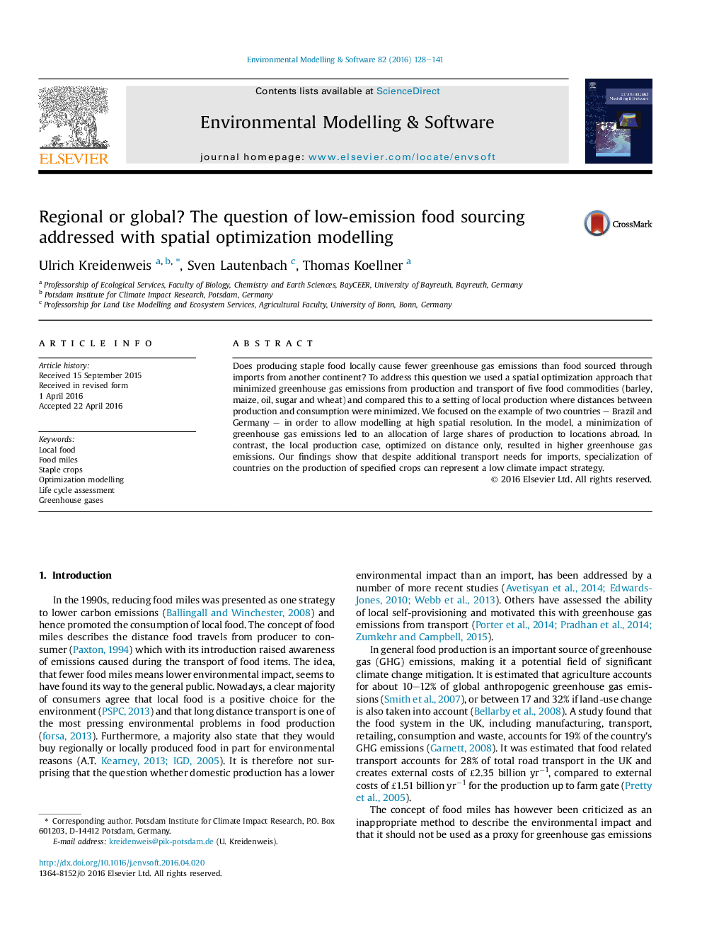 Regional or global? The question of low-emission food sourcing addressed with spatial optimization modelling