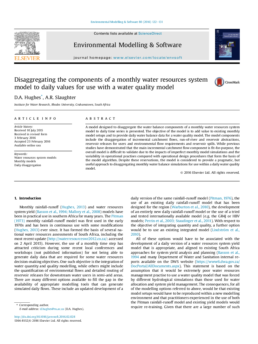 Disaggregating the components of a monthly water resources system model to daily values for use with a water quality model