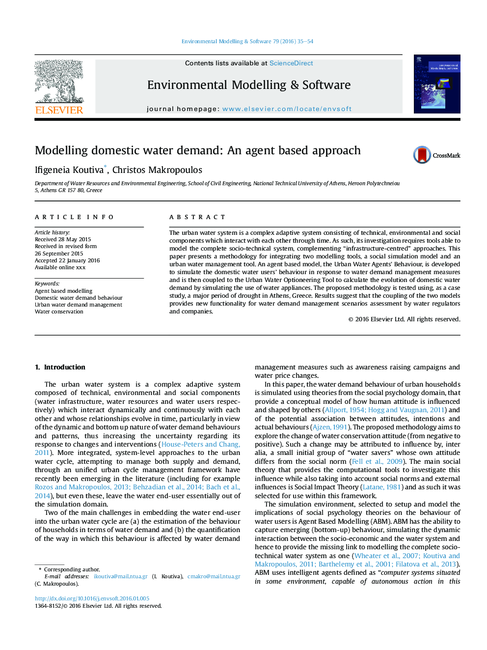 Modelling domestic water demand: An agent based approach