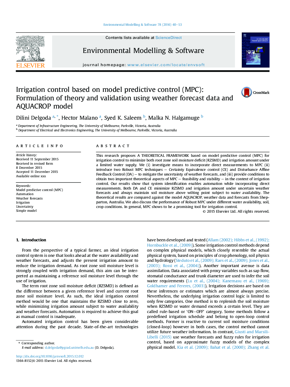 Irrigation control based on model predictive control (MPC): Formulation of theory and validation using weather forecast data and AQUACROP model
