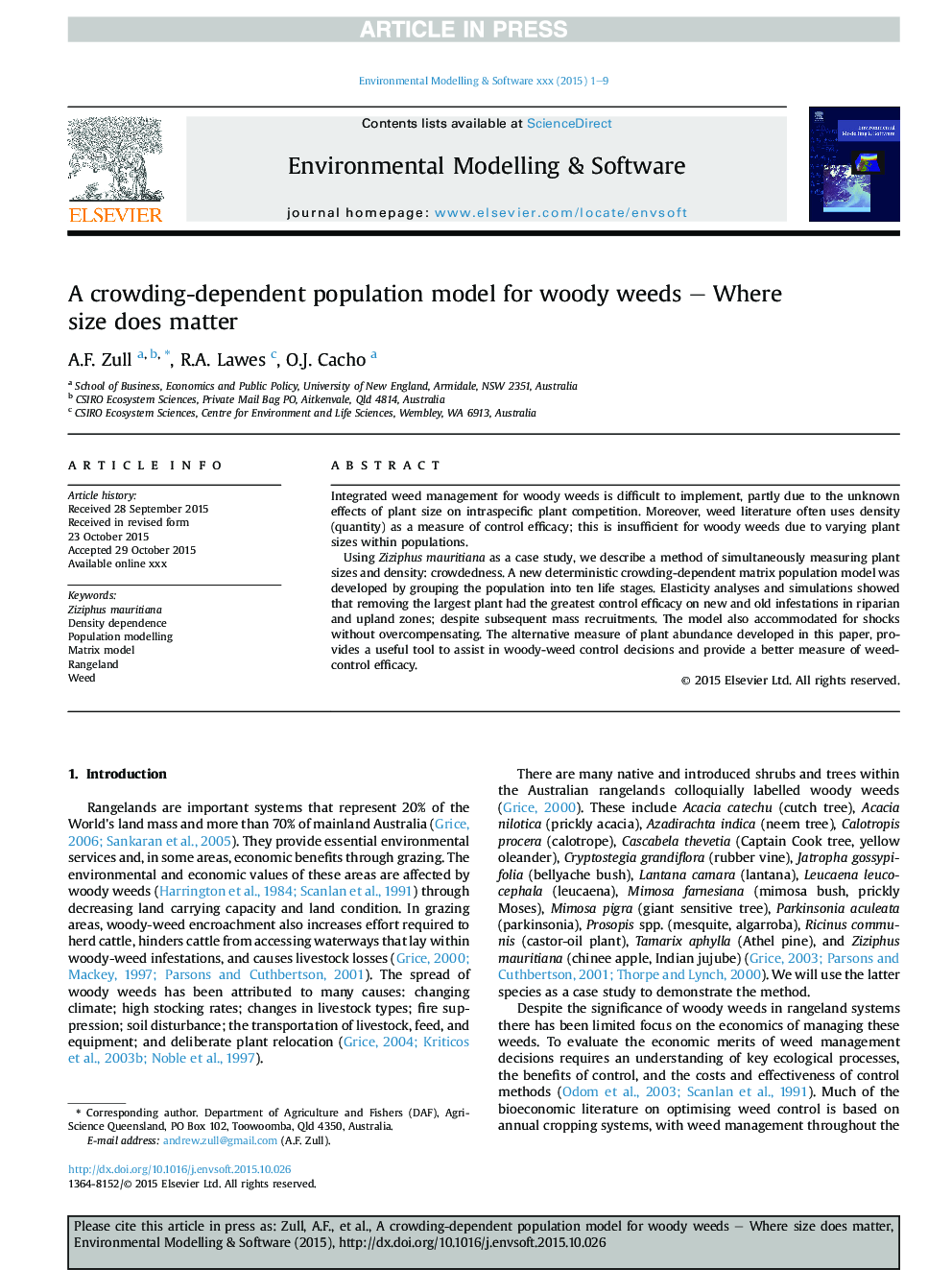 A crowding-dependent population model for woody weeds - Where size does matter