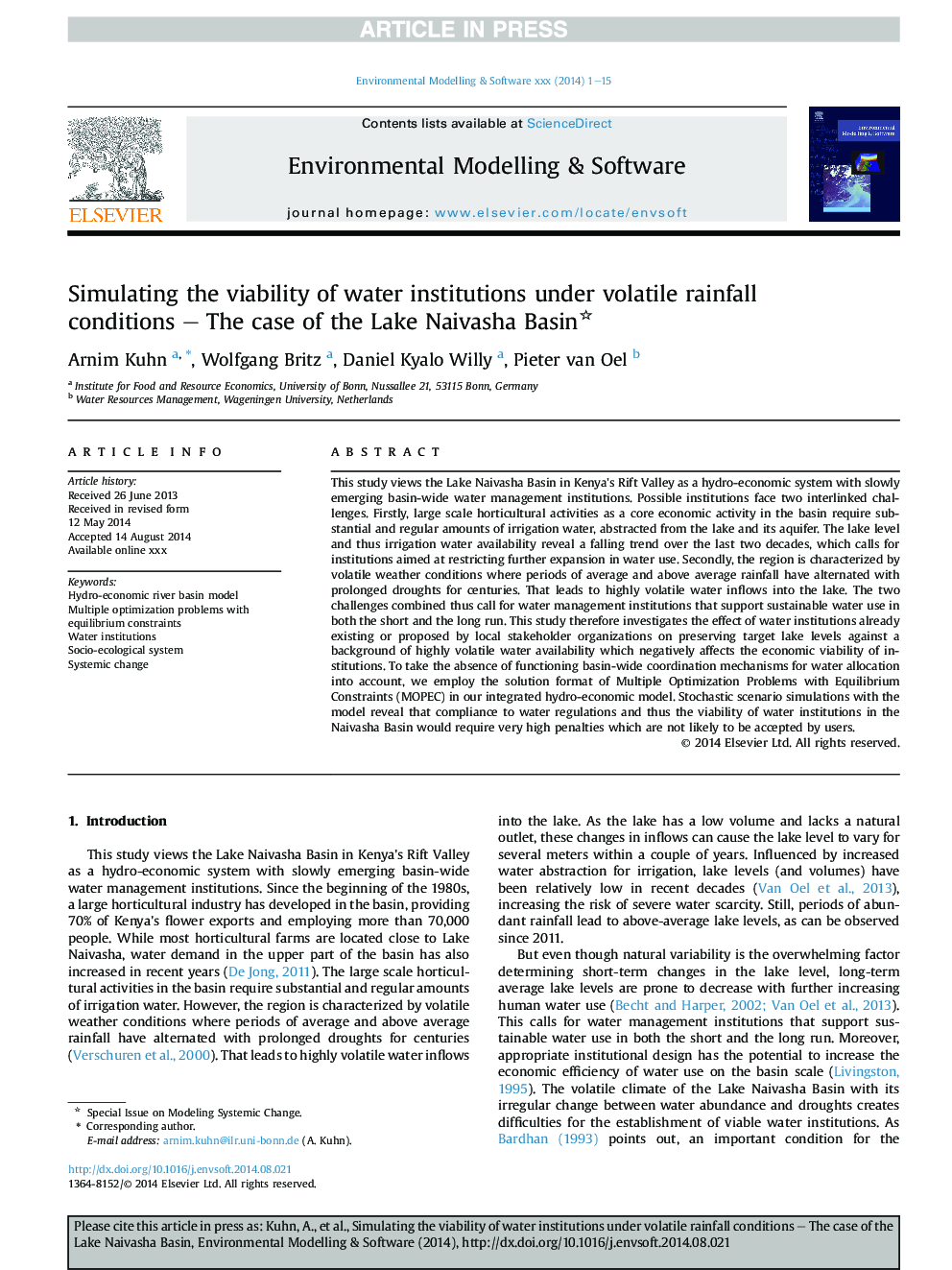 Simulating the viability of water institutions under volatile rainfall conditions - The case of the Lake Naivasha Basin