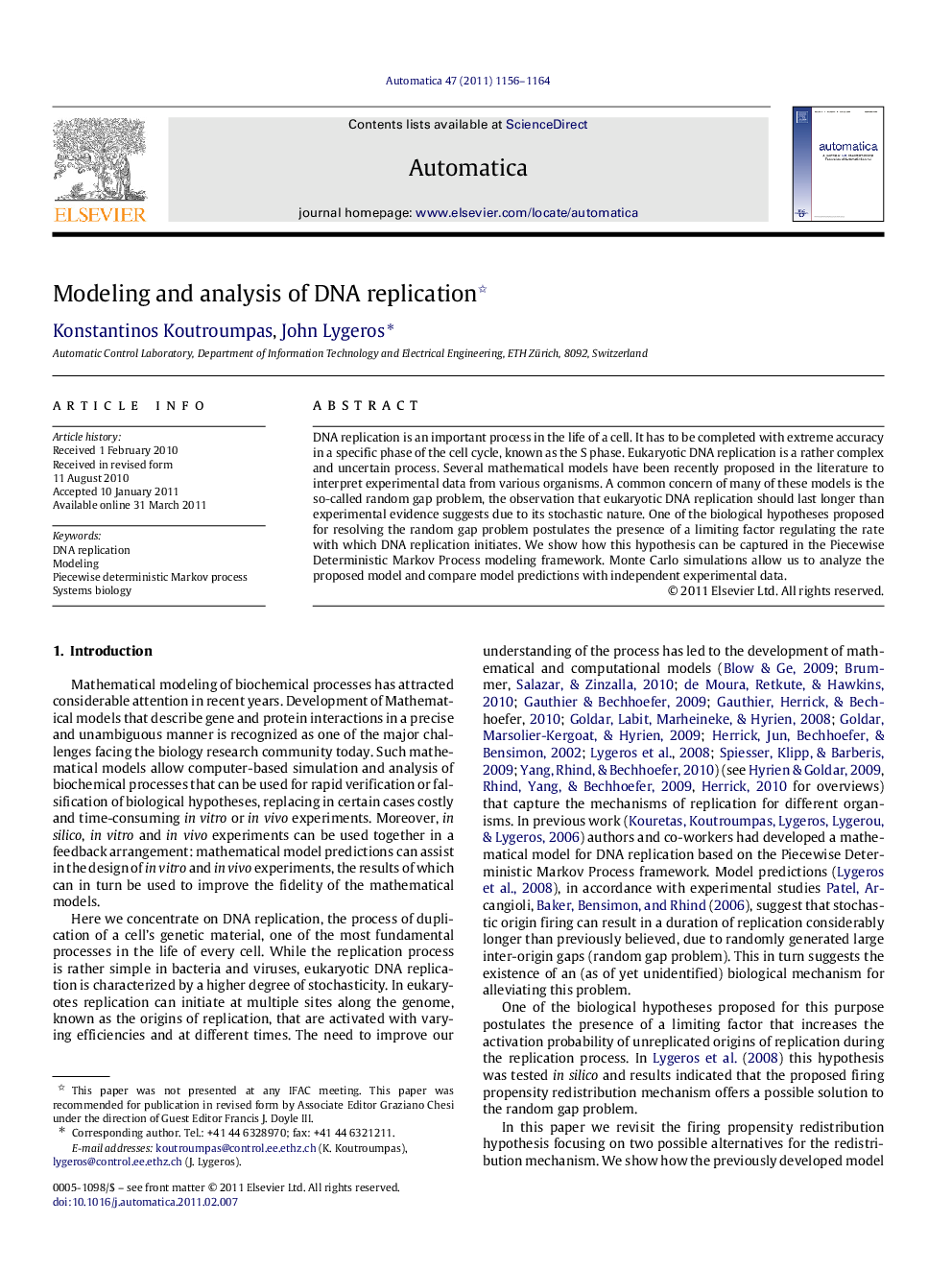 Modeling and analysis of DNA replication 