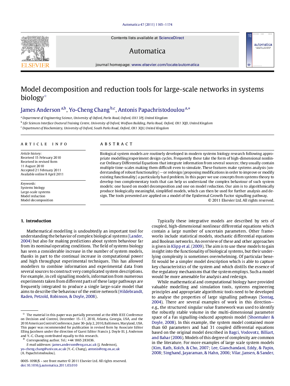 Model decomposition and reduction tools for large-scale networks in systems biology 