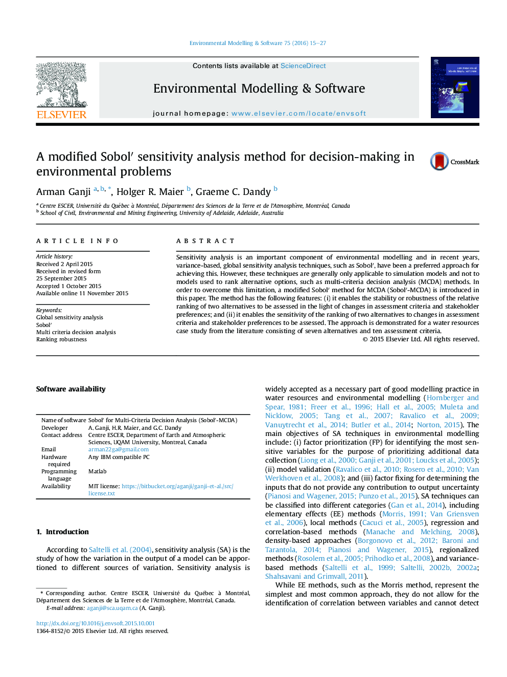 A modified Sobolâ² sensitivity analysis method for decision-making in environmental problems